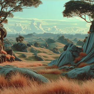 Solaris Cartographic Baroque style, Midjourney V7: realistic landscape photograph of quiet dawn