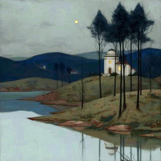 Equestralogue style, Midjourney V7: realistic landscape photograph of quiet dawn