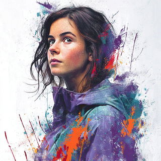 Dripicon style, Midjourney V7: photographic portrait of female protagonist