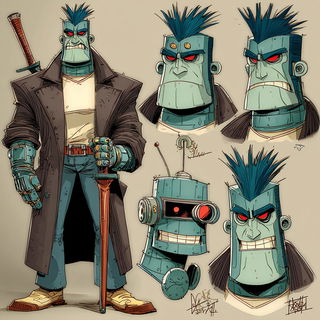 Junglomech style, Midjourney V7: concept art character design of retropunk steam knight