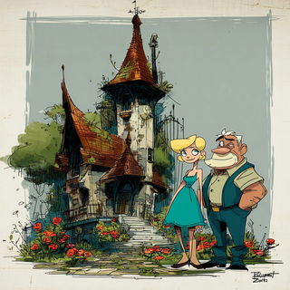 Junglomech style, Midjourney V7: retro fairy-tale illustration