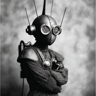 Antleromachy style, Midjourney V7: concept art character design of retropunk steam knight