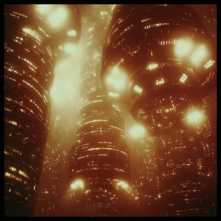 Redheat Daguerrotype style, Midjourney V7: megacity with futuristic bioarchitecture