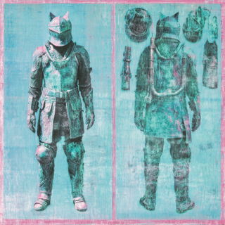 Turquoise Riot Press style, Midjourney V7: concept art character design of retropunk steam knight