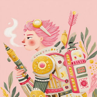 Floraocularism style, Midjourney V7: concept art character design of retropunk steam knight