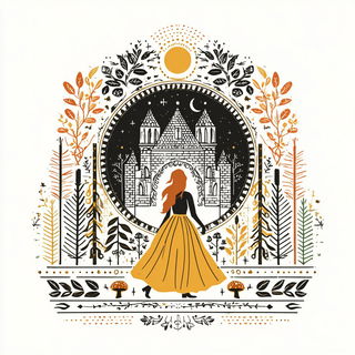 Cairnbeam Iconography style, Midjourney V7: retro fairy-tale illustration
