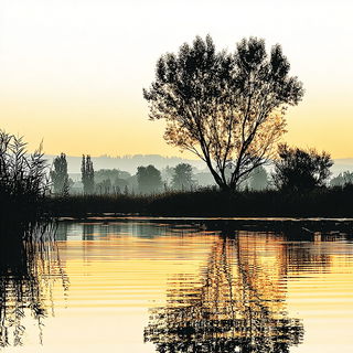 Cairnbeam Iconography style, Midjourney V7: realistic landscape photograph of quiet dawn