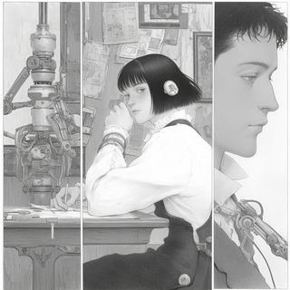 Chromastitchery style, Midjourney V7: black-and-white manga comic strip