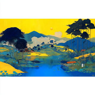 Chromastitchery style, Midjourney V7: realistic landscape photograph of quiet dawn