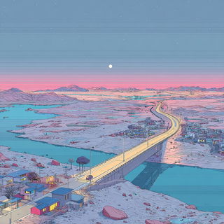 Pulpcrown Ascension style, Midjourney V7: realistic landscape photograph of quiet dawn