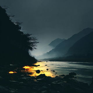 Charcoalumbra style, Midjourney V7: realistic landscape photograph of quiet dawn
