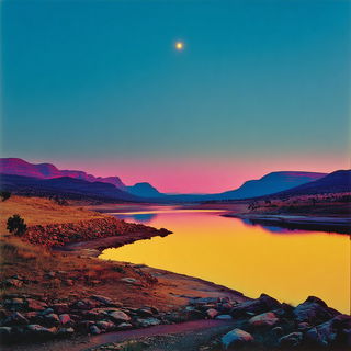 Astralshore Chromapose style, Midjourney V7: realistic landscape photograph of quiet dawn