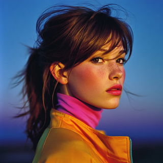 Astralshore Chromapose style, Midjourney V7: photographic portrait of female protagonist