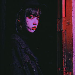 Blackthorn Neon Blazon style, Midjourney V7: photographic portrait of female protagonist