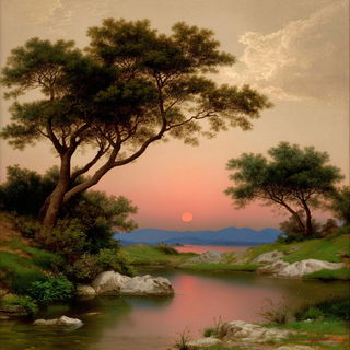 Medalgrain style, Midjourney V7: realistic landscape photograph of quiet dawn