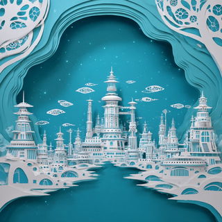 Rusalka Paperworld style, Midjourney V7: megacity with futuristic bioarchitecture