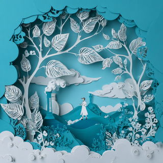 Rusalka Paperworld style, Midjourney V7: editorial illustration for popular scientific magazine cover
