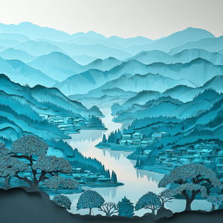 Rusalka Paperworld style, Midjourney V7: realistic landscape photograph of quiet dawn