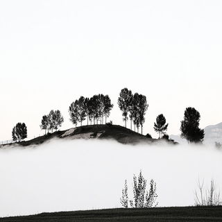 Vaporblack Wayfinding style, Midjourney V7: realistic landscape photograph of quiet dawn