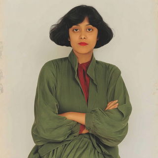 Botanical Satinwork style, Midjourney V7: photographic portrait of female protagonist