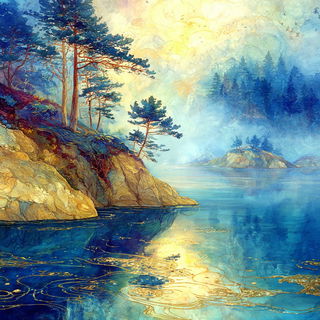 Auric Watergarden style, Midjourney V7: realistic landscape photograph of quiet dawn