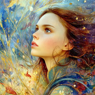 Auric Watergarden style, Midjourney V7: photographic portrait of female protagonist