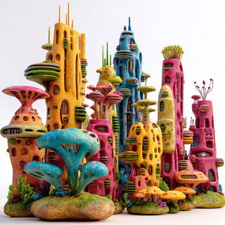 Claycandy Orbit style, Midjourney V7: megacity with futuristic bioarchitecture