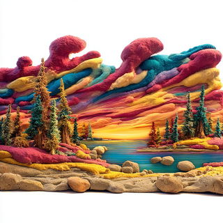 Claycandy Orbit style, Midjourney V7: realistic landscape photograph of quiet dawn