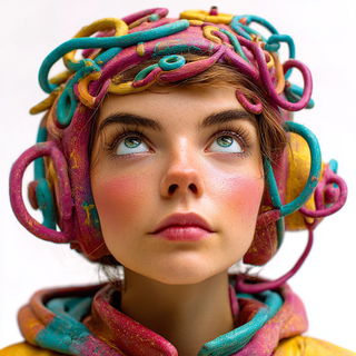 Claycandy Orbit style, Midjourney V7: photographic portrait of female protagonist