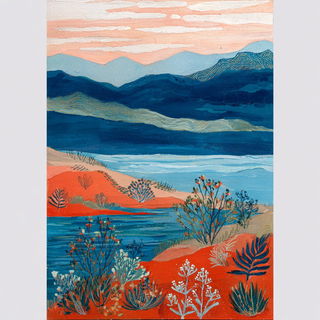 Papermosaic style, Midjourney V7: realistic landscape photograph of quiet dawn