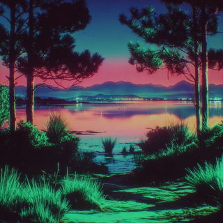 Neon Torrent style, Midjourney V7: realistic landscape photograph of quiet dawn