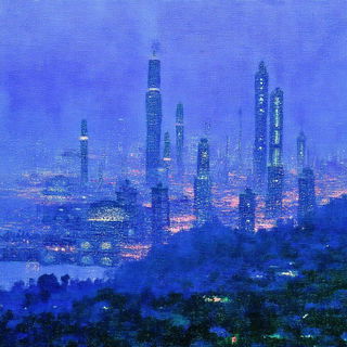 Emberfjord Paintworks style, Midjourney V7: megacity with futuristic bioarchitecture
