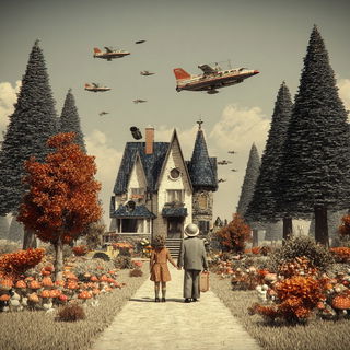 Sepia Machine Vastness style, Midjourney V7: retro fairy-tale illustration