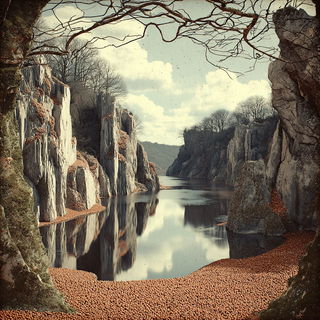 Sepia Machine Vastness style, Midjourney V7: realistic landscape photograph of quiet dawn
