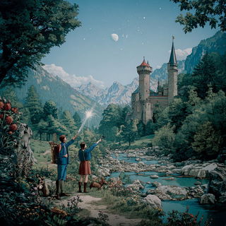 Cinemapilgrimage style, Midjourney V7: retro fairy-tale illustration