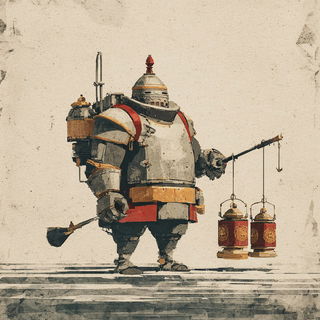 Inkcliffism style, Midjourney V7: concept art character design of retropunk steam knight