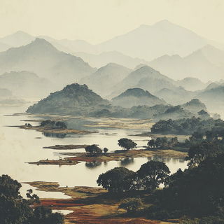 Inkcliffism style, Midjourney V7: realistic landscape photograph of quiet dawn