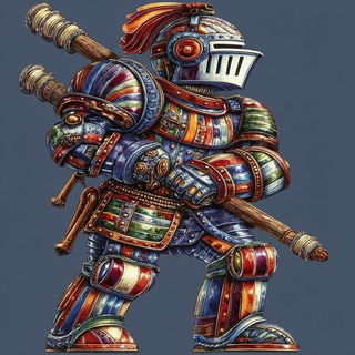 Quarry of Folded Horizons style, Midjourney V7: concept art character design of retropunk steam knight