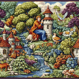 Quarry of Folded Horizons style, Midjourney V7: retro fairy-tale illustration
