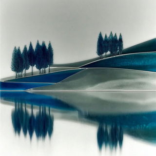 Aqualattice style, Midjourney V7: realistic landscape photograph of quiet dawn
