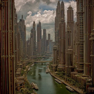 Pyrotecture style, Midjourney V7: megacity with futuristic bioarchitecture