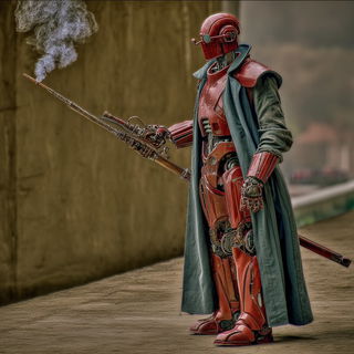 Pyrotecture style, Midjourney V7: concept art character design of retropunk steam knight