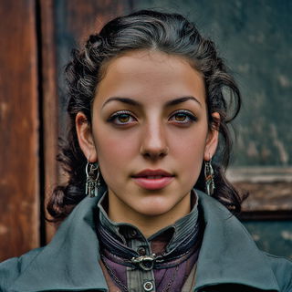 Pyrotecture style, Midjourney V7: photographic portrait of female protagonist