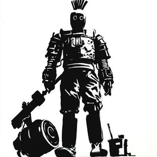 Inkrelief style, Midjourney V7: concept art character design of retropunk steam knight