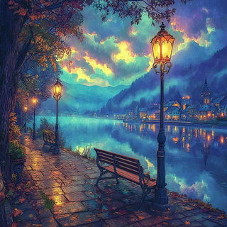 Lanternelure style, Midjourney V7: realistic landscape photograph of quiet dawn