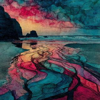 Tidemarbled Phyllonics style, Midjourney V7: realistic landscape photograph of quiet dawn