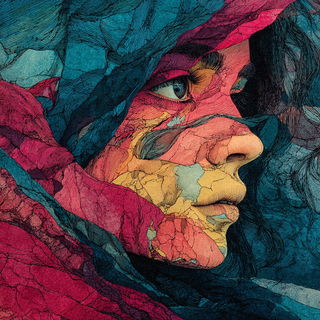 Tidemarbled Phyllonics style, Midjourney V7: photographic portrait of female protagonist