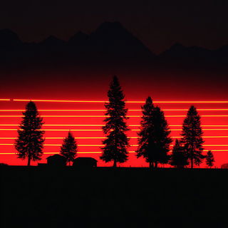 Cryoneon style, Midjourney V7: realistic landscape photograph of quiet dawn