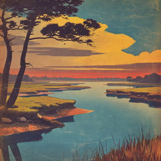 Kagaku Lanternworks style, Midjourney V7: realistic landscape photograph of quiet dawn