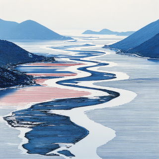 Inkredomap style, Midjourney V7: realistic landscape photograph of quiet dawn